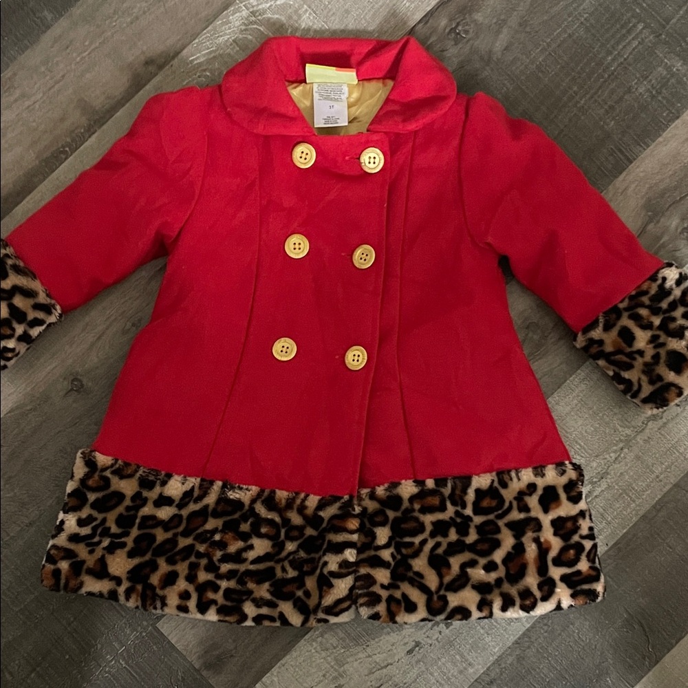 Penelope Mack Red Coat with Leopard Print Trim